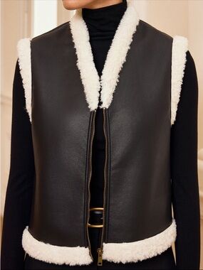 Commense Black Faux Leather Vest with Cream Shearling Trim